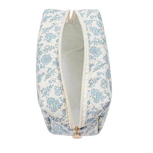 HHQQWZ Makeup Bag Travel Cosmetic Bag for Women Girls, Zipper Make Up Pouch, Floral Flowers Toiletry Organizer Makeup, Portable Storage Cosmetic Travel Cloth Bag (Blue Floral) thumbnail 2