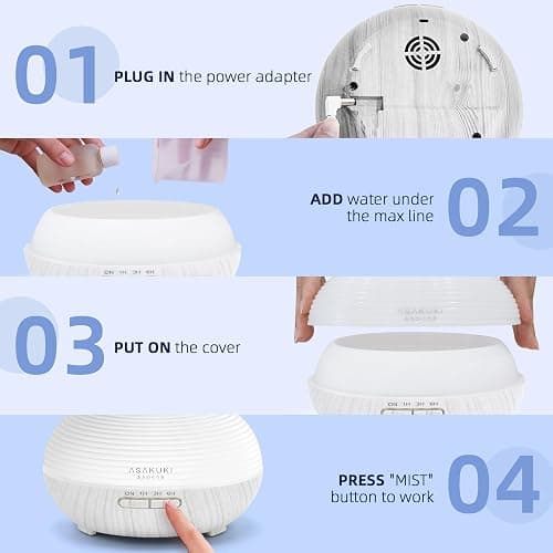 ASAKUKI 300ml Oil Diffuser with 14 LED Lights, Timers, Auto Shut-Off White | Large Capacity Essential Oil Diffuser, Ultrasonic Aromatherapy Ultrasonic Cool Mist Diffuser for Home Bedroom Office Yogaroom thumbnail 7