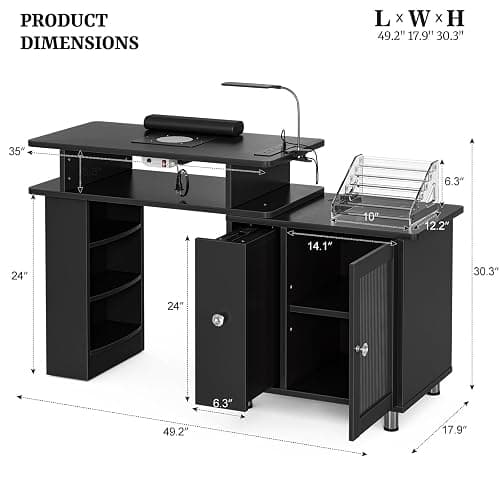 Paddie Manicure Table Nail Desk with LED Lamp & Light, Glass Cabinet Door Nail Table Station w/Dust Collector, Charging Station, Removable Acrylic Container, Cabinet and Drawer(Black-New) thumbnail 3