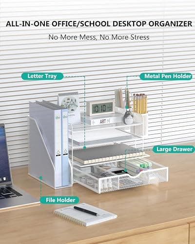 WALI Desk File Organizer, 4 Tier Desktop Paper Letter Tray Organizer with Drawer and 2 Pen Holders, Office Desk Accessories & Workspace Organizers for Office, Home Supplies(DO005DH-W), 1 Pack, White thumbnail 3