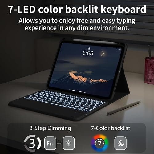 JKSML for iPad(A16) 11th/10th Generation Case with Keyboard (11/10.9 inch) | 2025/2022, 7 Color Backlight Detachable Bluetooth Cover with Trackpad, Flip Stand Case Thin with Pencil Holder, Black thumbnail 4