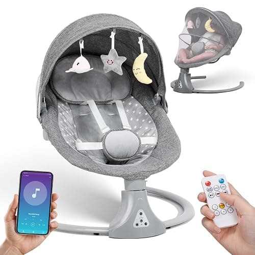 Baby Swing Chair: Baby Bouncer from Birth with Bluetooth Remote Control | Cordless 5-Speed Levels 12 Lullabies & 3 Timers | 3 Adjustable Angles & Electric Rocking Chair for Newborn | Gray - Image 1
