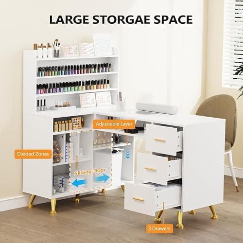 OmySalon L Shaped Manicure Table with Dust Collector, 52" L Corner Nail Desk for Nail Techs, w/Polish Display Rack Arm Rest, Acetone Resistant Top, Drawer and Cabinet Storage, for Nail Salon thumbnail 5