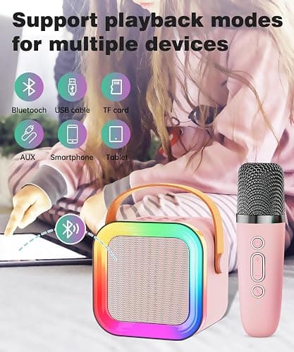 Mini Kids Karaoke Machine Toy Ages 3-12, 2 Wireless Mics Bluetooth Speaker | LED Party Lights, Voice Changer, Duets, BT 5.3, Rechargeable Portable, Christmas Birthday Gifts for Toddler Boys & Girls thumbnail 7