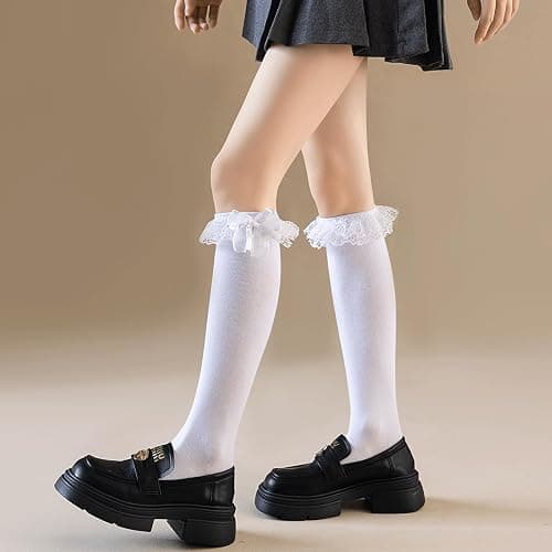 AMHRLINGTO Women's Lace Ruffle Frilly Ankle Socks - Girl Cotton Knee High Socks with Bow Lace Ruffle Trim thumbnail 4