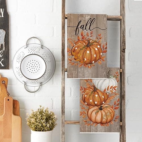 Artoid Mode Wood Pumpkin Leaves Fall Kitchen Towels Set of 2 18x26 Inch | Thanksgiving Autumn Wood Buffalo Plaid Hand & Dish Towels,Ultra Absorbent,Seasonal Farmhouse Decoration thumbnail 4