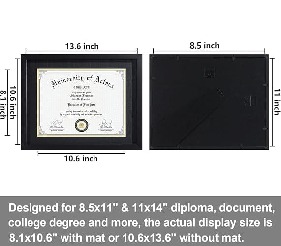 CORE ART 11x14 Diploma Frame Display Certificates 8.5 x 11 with Mat or 11 x 14 without Mat, College Degree Frame with Real Glass, Wall and Tabletop Display(Black) thumbnail 3
