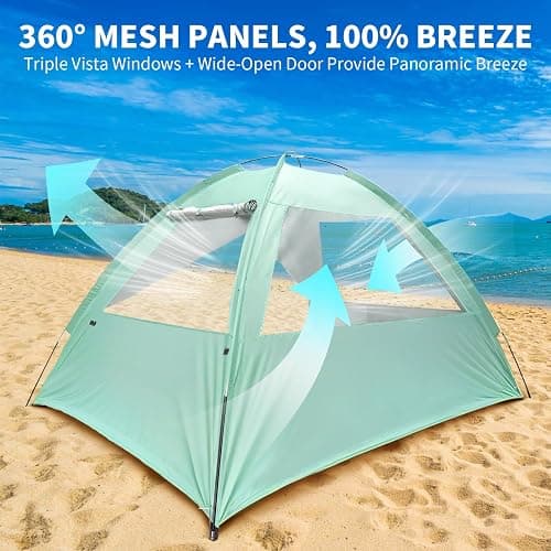 NHOWIN Beach Tent for 3-4 Person, Large Easy Setup Beach Shade Canopy with UPF 50＋ UV Protection, Portable Shade Tent with 3 Ventilating Mesh Windows for Outdoor, Picnics, Fishing thumbnail 4