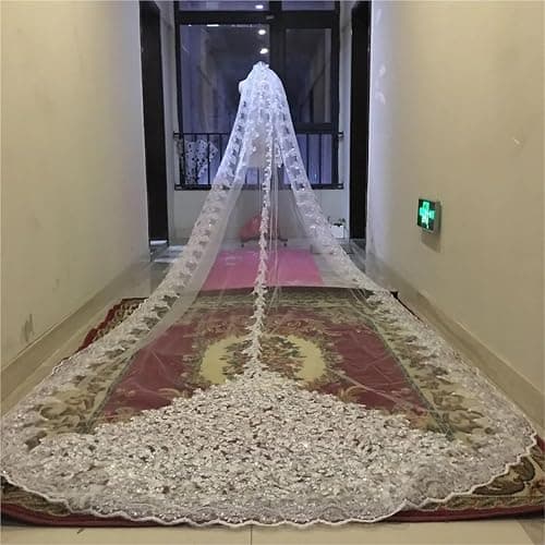 Luxury Shiny Sequins Bridal Veil Church Bridal Veil Lace Edge 1-Layer Metal Comb 5 Meters Long Wedding Accessories - 300cm - Ivory thumbnail 2