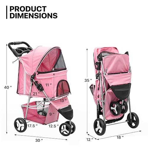MoNiBloom 3-Wheels Foldable Pet Stroller with Waterproof Cover, Pet Strolling Cart for Small/Medium Dogs and Cats with Storage Basket and Cup Holder, Breathable and Visible Mesh for All-Season, Pink thumbnail 3