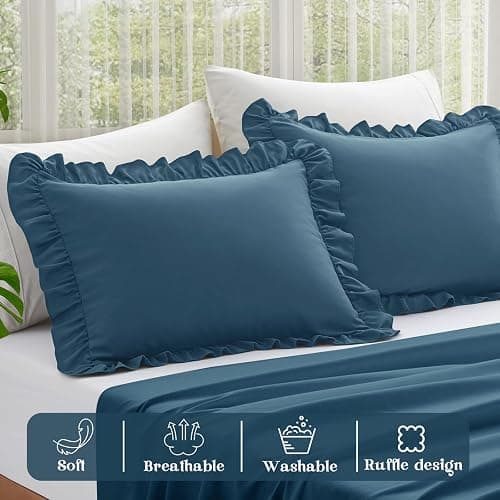 KKJIAF Ruffle Pillow Cases Standard Size Set of 2, Ruffled Pillow Covers with Envelope Closure, Wrinkle Resistant Ruffled Pillow Shams 20" x 26", Dark Blue thumbnail 4