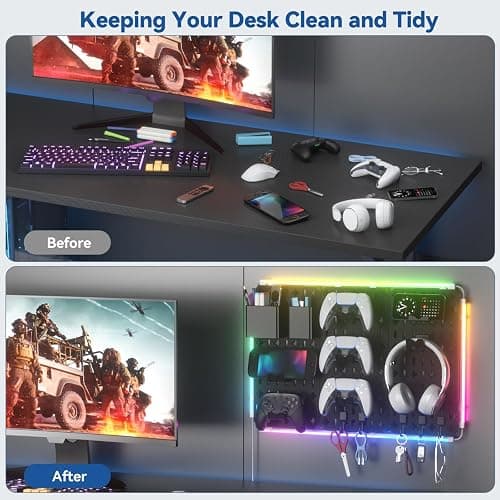KDD 9 in 1 RGB Gaming Wall Organizer Peg Board - DIY Pegboard Combination Kit with Phone Stand/Pen Holder/Storage Box/Headset & Controller Holder/Hooks for Office & Home Gamer Room Decor Accessories thumbnail 8