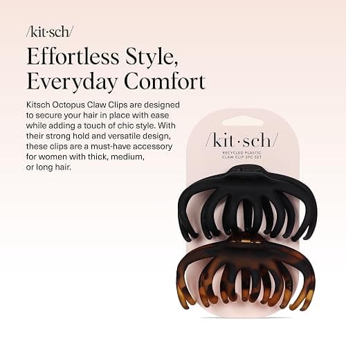 Kitsch Hair Clip Octopus Style - Secure Hold Large Claw Clip, Hair claw clips for thick hair, hair accessories for women, Hair accessories for girls, Hair clips for women, Black & Tortoise, 2pcs thumbnail 2