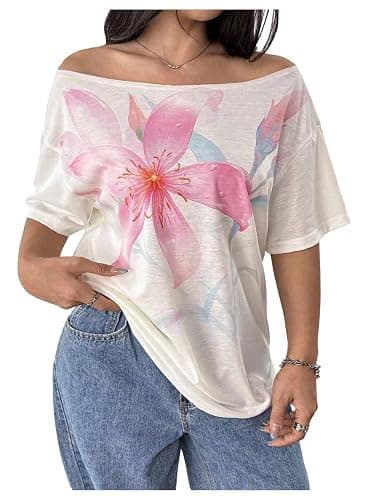SHENHE Women's Plus Size Off The Shoulder Floral Print Summer Tshirts | Hibiscus Floral Print,Short Sleeve,Summer Tee Tops - Image 1