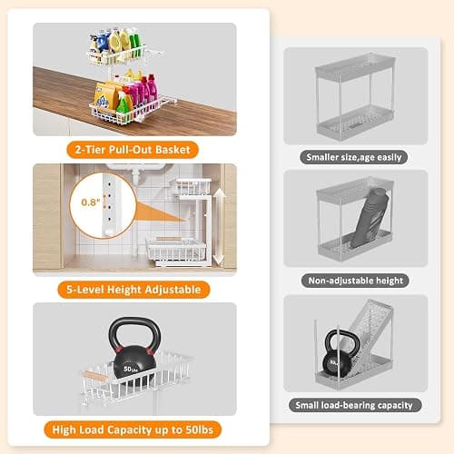 ENRUNEST Under Sink Organizer,2 Pack Under Kitchen Sink Organizer,2 Tier Sliding-Out,5 Level Height Adjustable,Thickened Carbon Steel,Anti-rust Treatment,For Kitchen Bathroom White thumbnail 4