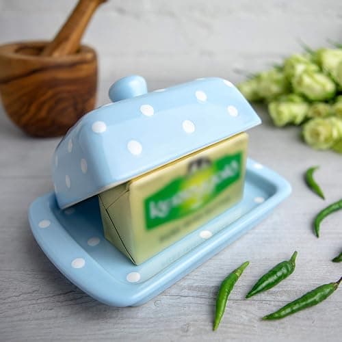 City to Cottage Large Butter Dish with Lid for Countertop, Ceramic Butter Keeper, Butter Container with Knob Handle, Butter Holder Tray with Cover, Handcrafted Sky, Baby Blue Polka Dot Butter Dish thumbnail 4