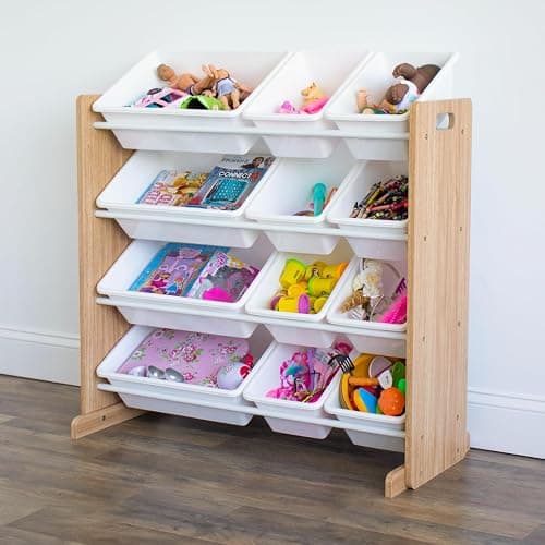 Humble Crew Kids Toy Organizer with 12 Bins, 4 Tier Storage for Playroom | Sturdy wood and steel toddler shelf, removable BPA-free containers, wall anchor anti-tip safety kit for bedroom or classroom thumbnail 2