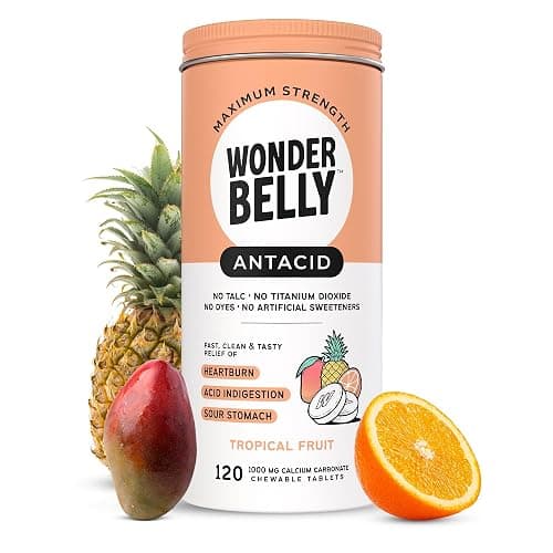 Wonderbelly Antacid, Effective Heartburn and Instant Acid Indigestion Relief, Extra Strength Chewable Tablets, 1000 mg Calcium Carbonate, No Talc or Dye, Tropical Fruit, 120 Count - Image 1