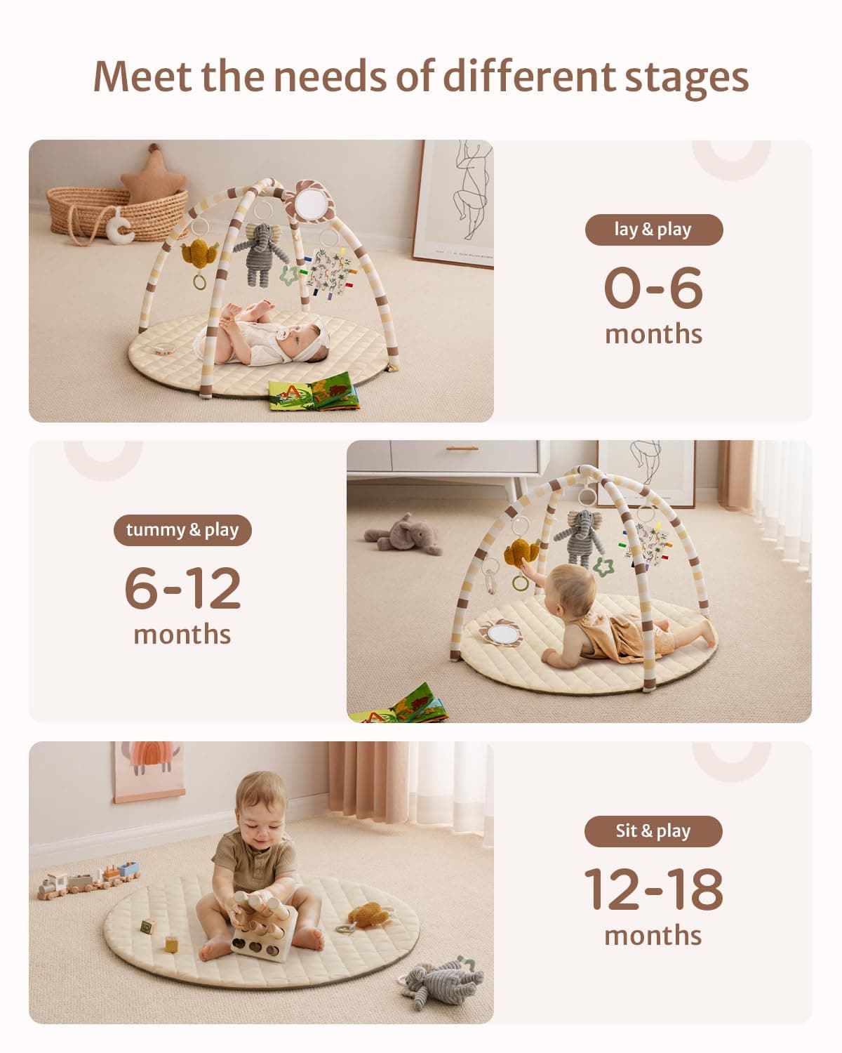 Blissful Diary Baby Play Gym Mat, Tummy Time Activity Mat with 6 Detachable Toys for Stage-Based Sensory & Motor Skill Development, Easy to Install & Clean, Baby Essentials Gift, Sandy Beige thumbnail 5