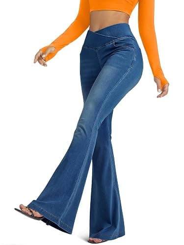 FUNUCA Knit Stretchy Jean Leggings for Women with Crossover High Waisted Bell Bottom Yoga Pants Flare Leggings with Pockets thumbnail 3