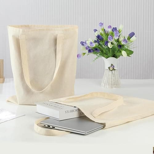 Carbrea 12 Pack Canvas Tote Bag - Lightweight Thin Tote Bags Bulk Blank Shopping Reusable Grocery Bags for DIY Gift Sublimation Activity - Beige thumbnail 4