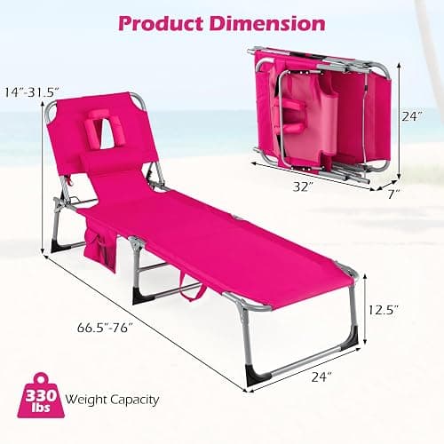 Goplus Tanning Chair, Folding Adjustable Patio Lounge Chair with Face Hole, Removable Pillow, 330LBS, Carry Strap, Outdoor Sunbathing Chair, Lightweight Portable Beach Lounge Chair, No Assembly thumbnail 3