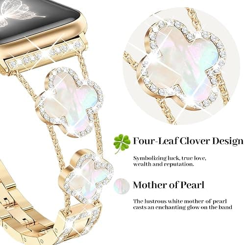 MOINSPIRE Gold Bling Diamond Clover Bands Women Compatible with Apple Watch 40mm 38mm 41mm 42mm(S10) Lucky Cute Sparkle Dressy Bracelet Metal Strap for iWatch Series SE/10/9/8/7/6/5/4/3/2/1 thumbnail 2