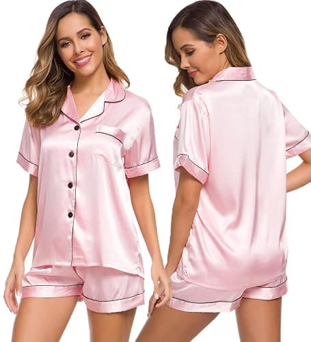 SWOMOG Womens Silk Satin Pajamas Set Short Sleeve Button Down Sleepwear Loungewear 2 Pcs Pj Sets - Image 1