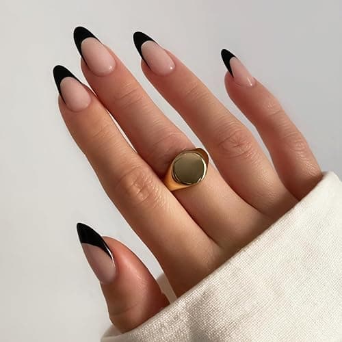 Black French Tip Press On Nails, Short Almond Medium Fake Nails with Nail Glue, Reusable Soft Gel Stick On Nails for Women Girls Gift, 30PC Elegant Glue On Nails Kit - Image 1
