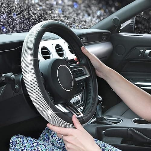 CAR PASS Bling Diamond Leather Steering Wheel Cover, with Bling Sparkly Crystal Glitter Rhinestones Universal Fit 14.5in-15in Car Wheel Protector for Women Girl Fit Suvs,Vans,Sedans,Car,Trucks, Silver thumbnail 8