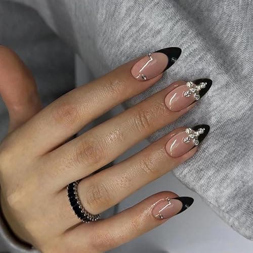 GlamRays 24 Stück Press On Nails Mandel 3D Legierung Kreuz Design Schwarz Französische Spitze Mittel Mit Design Passgenau Acryl Falscher Nagel Set thumbnail 6
