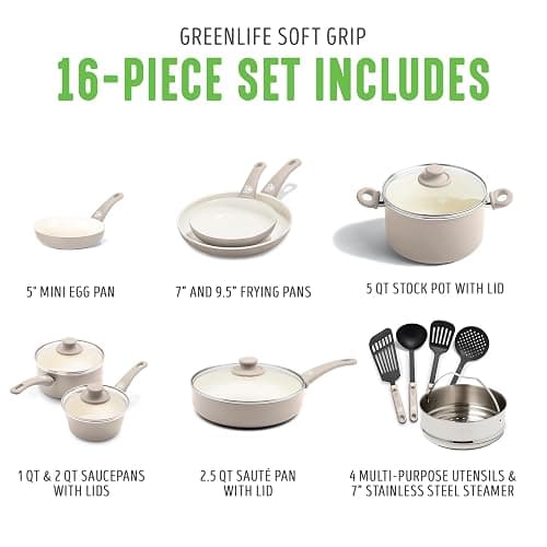GreenLife 16 Piece Nonstick Cookware Set, Soft Grip Non-Toxic PFAS-Free Ceramic Pots & Pans, Dishwasher & Oven Safe, Frying, Sauce, Saute, Utensils, Glass Lids, Stay-Cool Handles, Wobble Free, Taupe thumbnail 4