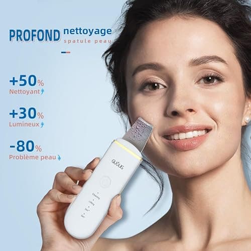 GUGUG Épurateur Ultrasonique Visage,Spatule et Nettoyeur de Pores,4 Modes | Aide à éliminer les points noirs et l'excès de sébum;spatule en acier inoxydable,exfoliation douce et 2 embouts silicone. thumbnail 2