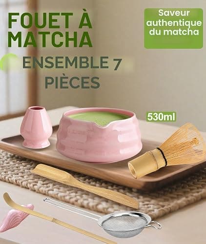 JBER Matcha Kit 7 Pièces, Matcha Set - Fouet Matcha Bambou, Bol à Matcha, Support pour Fouet, Cuillère et Tamis, Kit Matcha pour Cérémonie du Matcha - Rose thumbnail 2