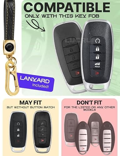 Lucrum Compatible with Nissan Key Fob Cover & Leather Keychain, 5 Buttons Keyfob Case for Pathfinder Rogue Sentra Versa Patrol Armada (2023-2025) - Black and Gold thumbnail 2