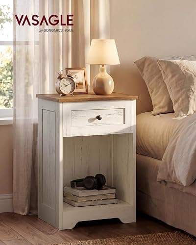 VASAGLE Nightstand with Charging Station, 1 Drawer and Open Shelf | Wood End Table, 15.7 x 11.8 x 23.2 in, Rustic White and Honey Brown, Bedroom and Living Room, SIREN Collection ULET628WJ01S thumbnail 3