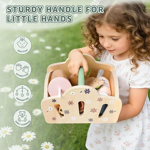 Masonbaby Wooden Play Food for Kids Kitchen With Wooden Storage Basket,Toy Kitchen Accessories Pretend Play Toy Role Play Kitchen Accessories Educational Learning Toys Christmas & Birthday Gift thumbnail 6