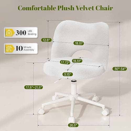 DurayLoly Vanity Chair with Open Back & Wheels White | Swivel, Fluffy Teddy Fabric, Height Adjustable,300lbs for Makeup Room, Vantiy, Bedroom thumbnail 2