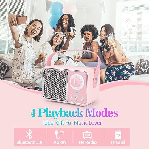 Dosmix Kawaii Room Decor, Retro Bluetooth Speaker,Pink Vintage | Gift for Women Teenage Girl Old Fashion Style for Kitchen Desk Bedroom Office Party Outdoor Vintage Accessories thumbnail 4