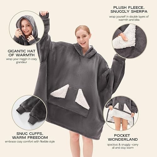 Touchat Wearable Blanket Hoodie, Oversized Sherpa Fleece Sweatshirt Blanket with Giant Hood Pocket and Sleeves for Adult, Warm & Cozy Grey Blanket Gifts for Women thumbnail 3