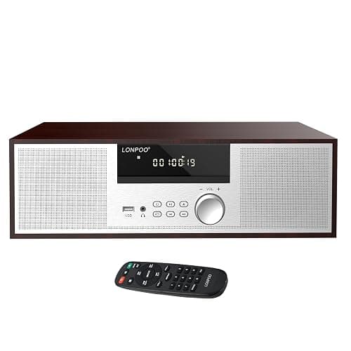 LONPOO Bluetooth Stereo System for Home, 40W CD Player with Speaker | DSP Enhanced Audio, Real Wood Enclosure,12mm Thick MDF, Aluminum Panel, 3" Woofer, Preset 20 Programmable FM Stations,Silver - Image 1