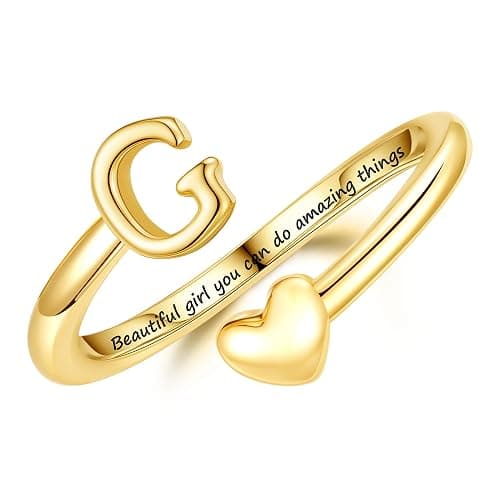 Turandoss Birthday Gifts for 6 7 8 9 10 11 12 13 14 15 16 Year Old Girls | Teen Girl Gifts Trendy Stuff, 14K Gold Plated Initial Letter A-Z Adjustable Heart Ring, Personalized Rings for Teen Girls - Image 1