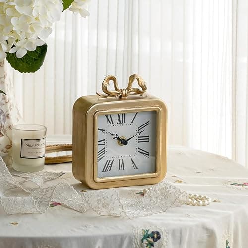 NIKKY HOME Gold Table Clocks, Table Clock Decor with Bow Metal Desk Clock Vintage Desk Clocks Silent Non-Ticking Battery Operated Decorative Shelf Clock for Living Room Bedroom thumbnail 6