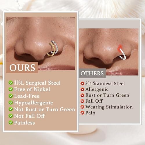 Hypoallergenic Nose Rings Hoops Set for Women Men: 8Pcs 18G Gold/Silver 316L Surgical Stainless Steel Nose Hoops Hinged Clicker Septum Rings for Nose Cartilage Body Piercing Jewelry 6mm 8mm 10mm 12mm thumbnail 6