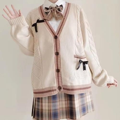 FindThy Women’s Kawaii JK School Uniform Cardigans Long Sleeve Button Up Cardigan with Pinned Bowknot thumbnail 3