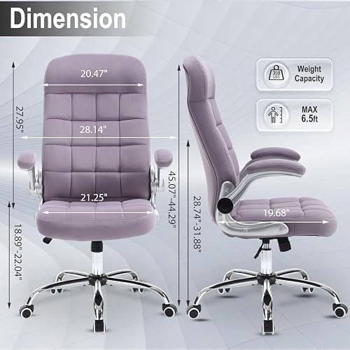 REFICCER High Back Fabric Office Chair Purple, Velvet Executive Desk Chairs with Flip-Up Arms, Ergonomic Office Chairs with Lumbar Support, Upholstered Home Computer Swivel Chair with Wheels thumbnail 2