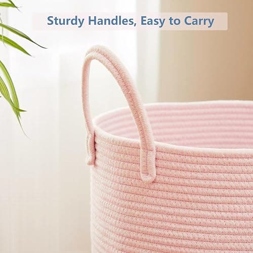 MOJOSCEND 80L Extra Large Pink Hamper Laundry Basket for Baby Girls Tall Nursery Hamper for Kids Woven Rope Clothes Basket for Little Girls Room Bedroom Light Pink Kawaii Tall Laundry Bin thumbnail 5
