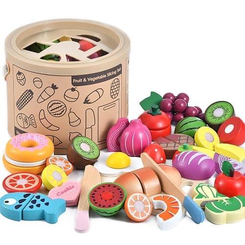 WHOHOLL 43 Pcs Wooden Play Food for Kids Play Kitchen Accessories Playset with Basket, Pretend Cutting Food Toys for 3 4 5 6 Year Old, Vegetables Fruits Toys Christmas Birthday Gifts for Girls Boys - Image 1