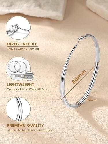 KeyStyle Chunky Hoop Earrings for Women, Large Silver Stainless Steel Hoops Earring Lightweight Loops, 14K Gold Thick Hypoallergenic Circle Ear Comfort Hoop Jewelry(40/60/80mm) thumbnail 6