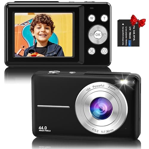 Digital Camera, 1080P FHD 44MP Compact Digital Camera, Compact Vlogging Camera with 2.4" LCD Screen, 16X Digital Zoom, Anti-Shake, Rechargeable, Portable Mini Camera for Kids, Teens, Beginners - Black - Image 1